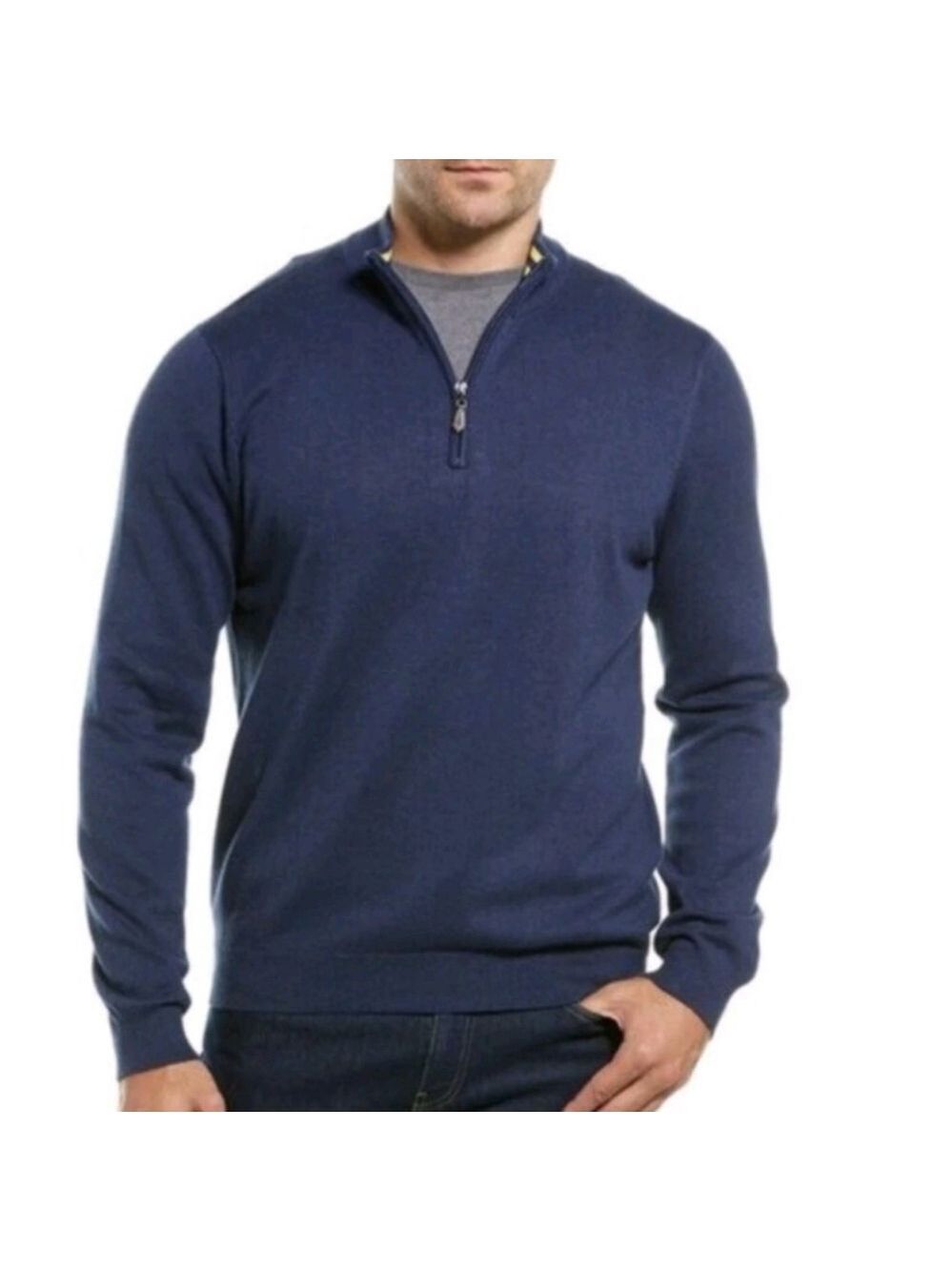 J McLaughlin Men’s Navy Blue TATE 1/4 Zip Mock Neck Cotton Pullover Sweater L